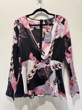Missguided Black, Pink & White Chain-Print Wrap Blouse | New with tag